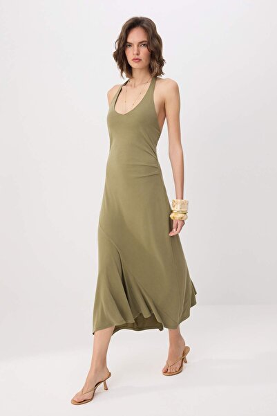Συλλογή Trendyol Χακί Αμάνικο Μάξι Φόρεμα με λεπτές τιράντες και λαιμόκοψη V ...