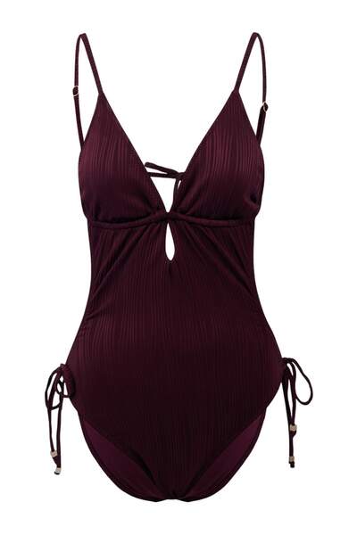 Συλλογή Trendyol Μαγιό με υφή δαμασκηνί, βαθύ V-ντεκολτέ και λεπτομέρεια δεσί...