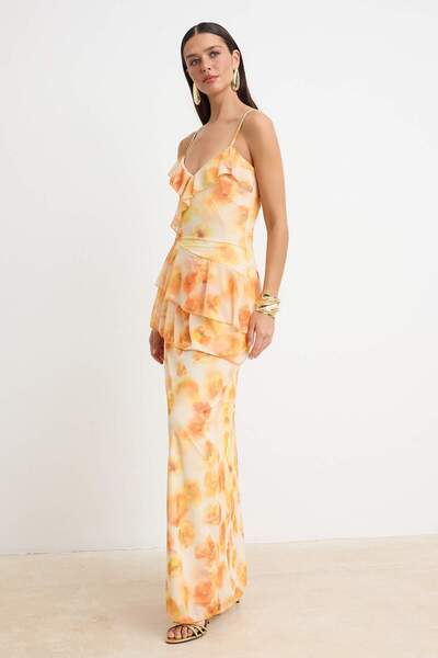 Συλλογή Trendyol Μωβ-Πολύχρωμο Φλοράλ Φόρεμα σε γραμμή Α με βολάν, Πλεκτό Τού...