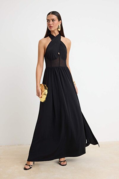 Συλλογή Trendyol Μαύρο Με λεπτομέρεια από τούλι Πλεκτό Μάξι Βραδινό Φόρεμα & ...