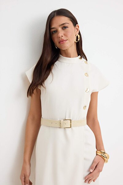 Συλλογή Trendyol Εκρού φόρεμα μίντι με Ζώνη κουμπιά και ίσια γραμμή Υφαντό TW...