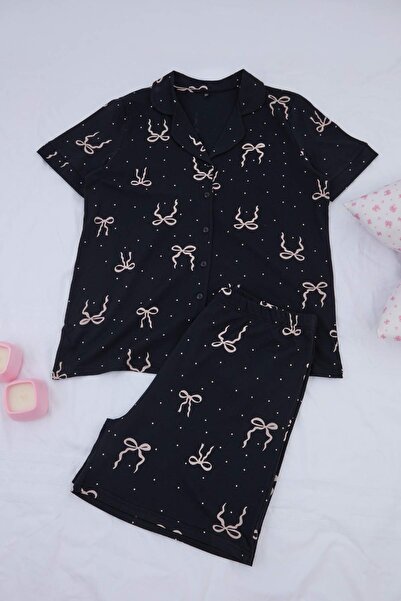 Trendyol Curve Σετ πιτζάμες με μαύρη κορδέλα και γιακά πουκάμισου, πλεκτό, με...