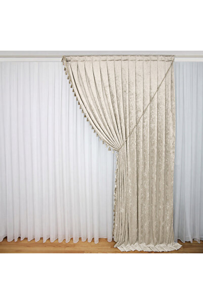 MebelPort Curtain Κουρτίνα σενίλ Φόντο ΔΙΠΛΟ ΦΟΥΝΤΟ με φούντες στην άκρη (δεξ...