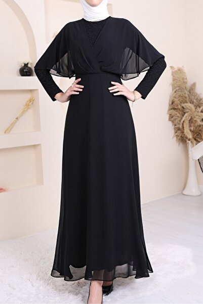 Modamorfo Μακρύ βραδινό φόρεμα από σιφόν με γκλίτερ - μαύρο