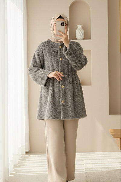 Modamorfo Γούνινο μπουφάν με επένδυση και κορδόνι στη μέση - γήινο χρώμα