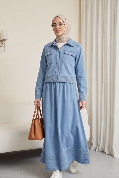 Modamorfo Invisible Zipper Piece Denim Suit with Flared Skirt - Ice Blue