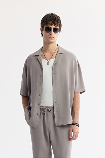 Avva Men's Nardo Gray Apaj Collar Soft Touch Short Sleeve Oversize Fit Shirt ...