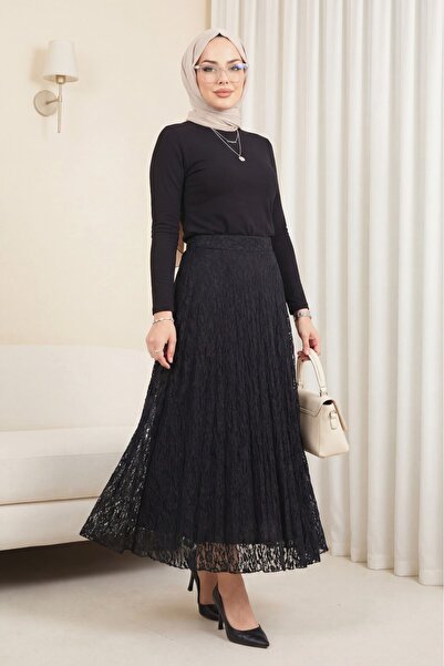 Modamorfo Φούστα δαντέλας γκιπούρ με σχέδια και φόδρα - μαύρη