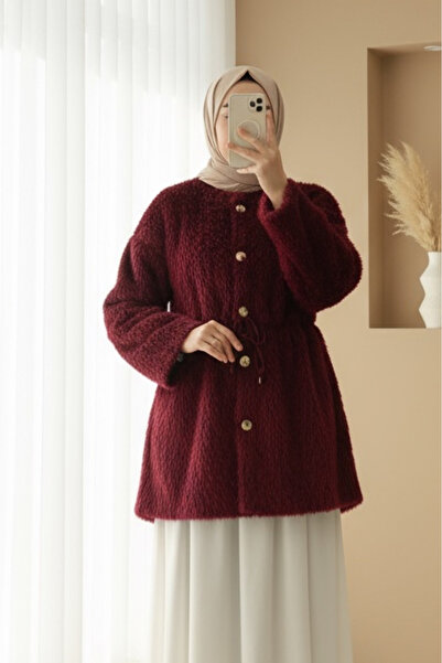 Modamorfo Γούνινο μπουφάν με επένδυση και κορδόνι στη μέση - μπορντό