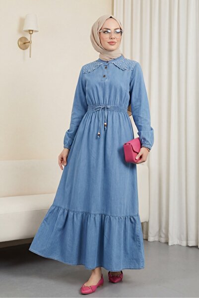 Modamorfo Дълга дънкова рокля с перли на раменете и ластик на талията