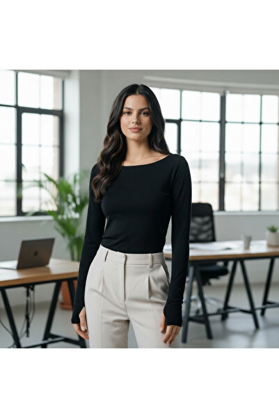 Hayalet Pamuk Dokuma Modal Kayık Yaka Parmak Geçirmeli Body Basic T-Shirt