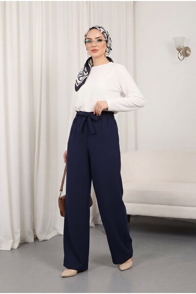 Modamorfo Διπλό υφασμάτινο φαρδύ παντελόνι με ζώνη μέσης -navy