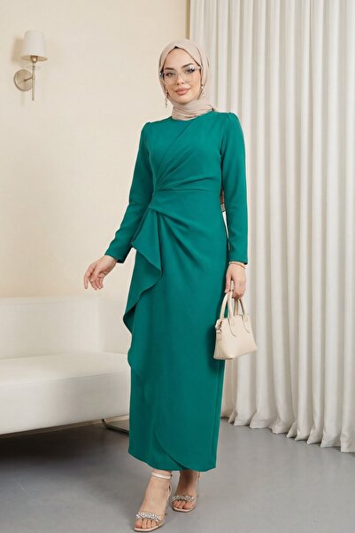 Modamorfo Allerli Eteği Ασύμμετρο Φόρεμα από Κρεπ - σμαραγδί