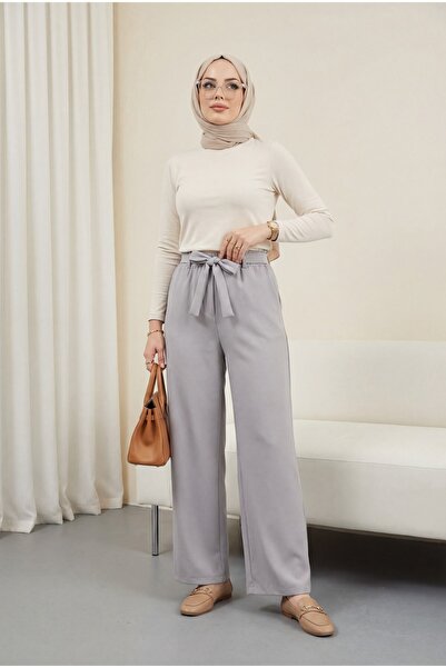 Modamorfo Double Fabric Waist Belted Wide Leg Trousers -Grey