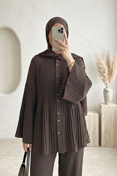 Modamorfo Πλισέ Κοστούμι Κρεπ με Κουμπιά στο Γιακά -k. Καφέ