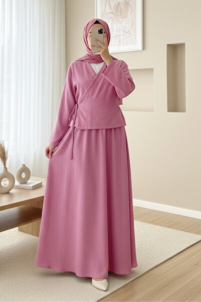 Modamorfo Λινό Σετ με Φούστα με Πλαϊνό Δέσιμο - ροζ