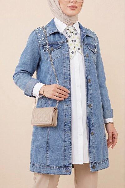 Modamorfo Stone Embroidered Washed Denim Jacket - Blue
