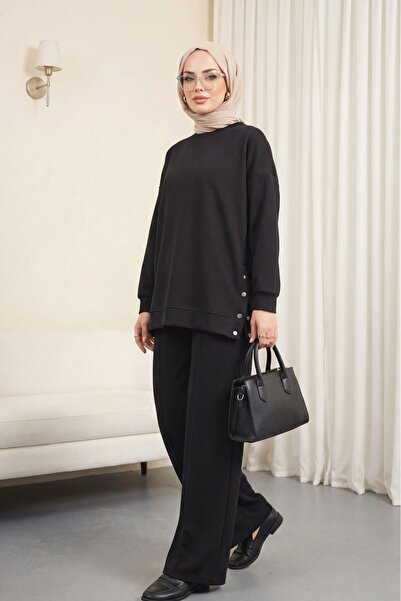 Modamorfo Σετ παντελονιού με κουμπωτά πλαϊνά λεπτομέρεια - μαύρο