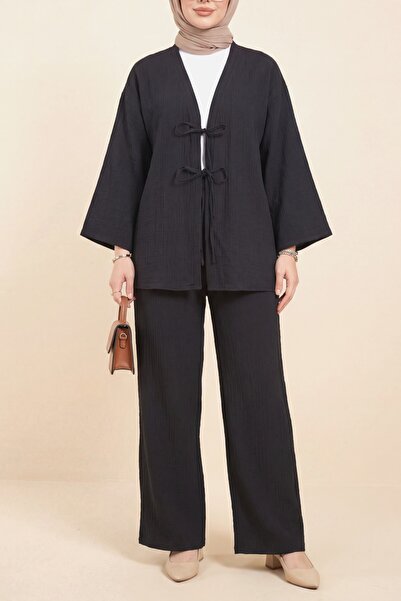 Modamorfo Σετ με διπλό δεμένο παντελόνι και τσαλακωτό παντελόνι - μαύρο