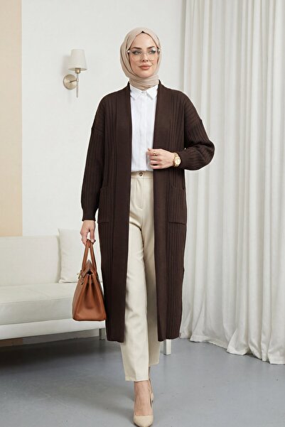Modamorfo Corded Fabric Long Knitwear Cardigan with Handle Button Detail - Brown