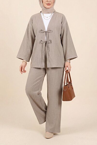 Modamorfo Σετ με διπλό δαντελωτό παντελόνι και τσαλακωτό παντελόνι - βιζόν