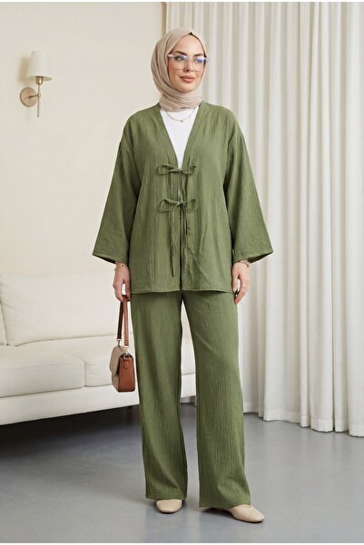 Modamorfo Σετ με διπλό δεμένο παντελόνι και τσαλακωτό σχέδιο -χακί