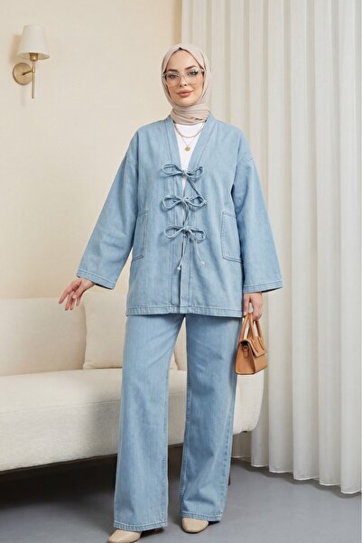 Modamorfo Σετ κιμονό τζιν με παντελόνι με τσέπες που δένονται μπροστά - Ανοιχ...