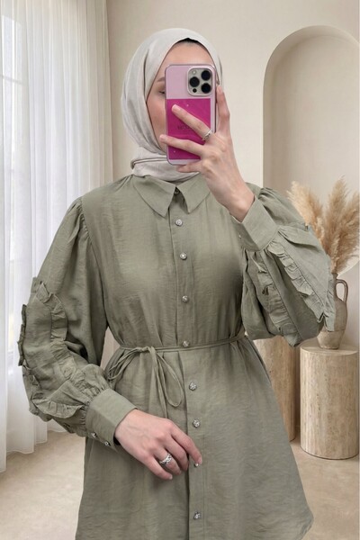 Modamorfo Πουκάμισο με βολάν στα μανίκια, πέτρινα κουμπιά και δέσιμο -χακί