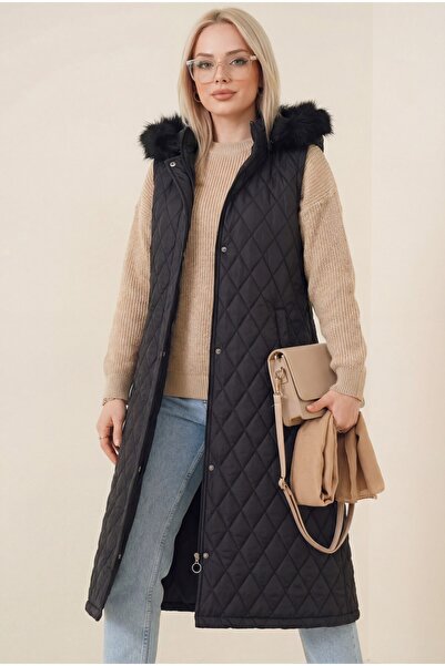 Modamorfo Αναδιπλούμενο μακρύ γιλέκο με κουκούλα και επένδυση - μαύρο