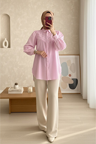 Modamorfo Guipure Tasseled Raw Line Balloon Sleeve πουκάμισο - πούδρα