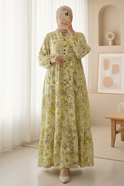 Modamorfo Φόρεμα με στάμπα λουλουδιών και μανίκια με μισά κουμπιά - κίτρινο