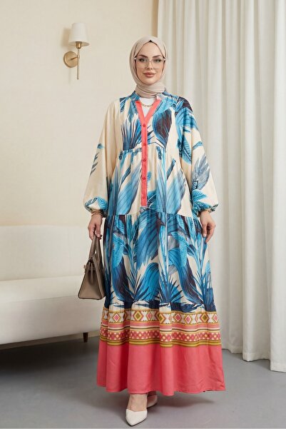 Modamorfo Elastic Sleeve Stand Collar Half Button Viscose Dress