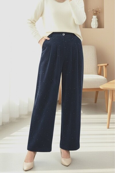 Modamorfo Velvet Pants with Pockets and Wide Legs with Sequin Detail - Navy