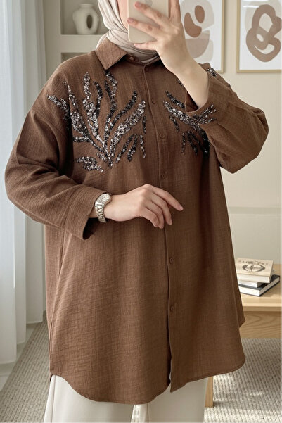 Modamorfo Μακρύ πουκάμισο με παγιέτες στο μπροστινό μέρος - καφέ