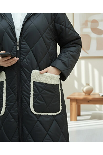 Modamorfo Μακρύ καπιτονέ παλτό με τσέπες, κουκούλα και επένδυση με φερμουάρ -...