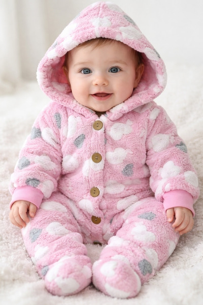 Dandini Kalp Desenli Kapişonlu Polar Bebe Tulumu