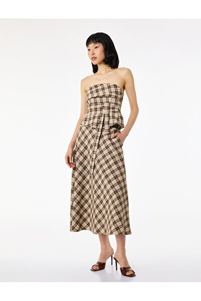 Koton Slim Fit Plaid Strapless Crop Blouse with Gipeli Bow Detail on the Back