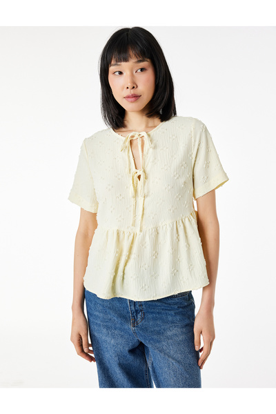 Koton Tie-Back Bow Detail Short Sleeve Textured Peplum Blouse