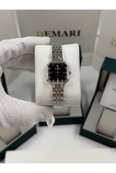 DEMARİ ساعة يد نسائية بحركة كوارتز - سوار فضي مخطط مع قرص أبيض وتفاصيل حجرية DM-00114L-A2