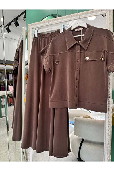 Modario Vatkatex Liyosil Cupra Vest and Skirt Set - Light Brown - 46