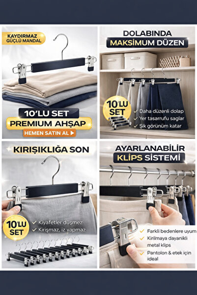 askı Premium Mandallı 10’lu Set | Pantolon & Etek İçin Kaymaz Klips