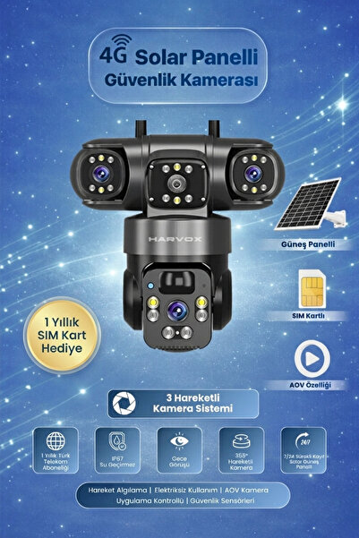 HARVOX 3 Hareketli Kameralı Güneş Panelli Solar Güvenlik Kamerası 4G Sim Kart...
