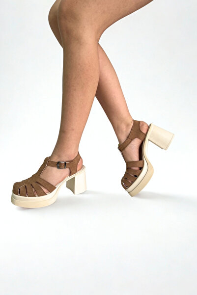 inizio Γυναικεία πέδιλα με χοντρό τακούνι Tan Suede P9012