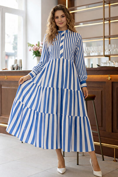 benguen Μπλε ριγέ σατέν φόρεμα - 2114