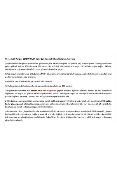 URETECH 30 A Amper Solar Şarj Kontrol Uyumlu Cihazı Regülatörü 30ah 12v/24v