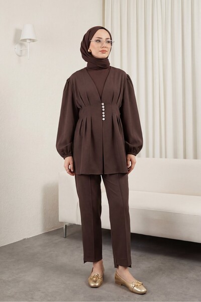 Modamorfo Σετ Παντελονιού με Πέτρινα Κουμπιά και Ελαστικό Μανίκι -k. Καφέ