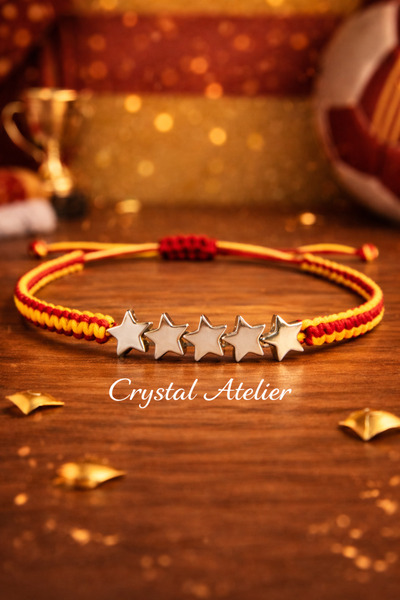 Crystal Atelier 5 Yıldız Sarı Kırmızı Taraftar Bileklik Örgü İpli Makrome Bil...