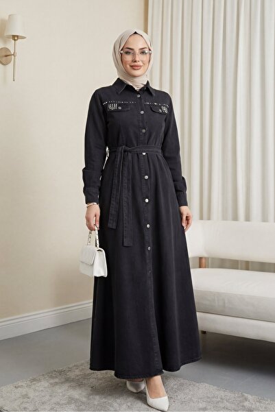 Modamorfo Πέτρινο τζιν φόρεμα με κουμπιά - μαύρο