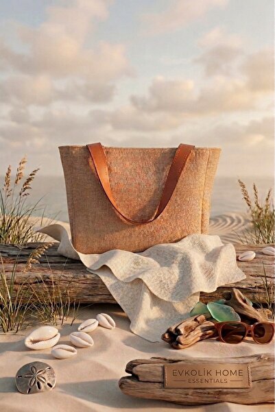 JASPER Ψάθινη τσάντα παραλίας, με φερμουάρ, δερμάτινη άκρη, καφέ, αδιάβροχη ε...