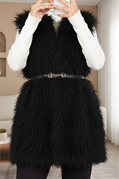 Modamorfo Γιλέκο με ζώνη, πλαϊνές τσέπες και γούνινη επένδυση - μαύρο